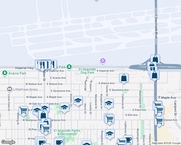 map of restaurants, bars, coffee shops, grocery stores, and more near 929 McCarthy Court in El Segundo