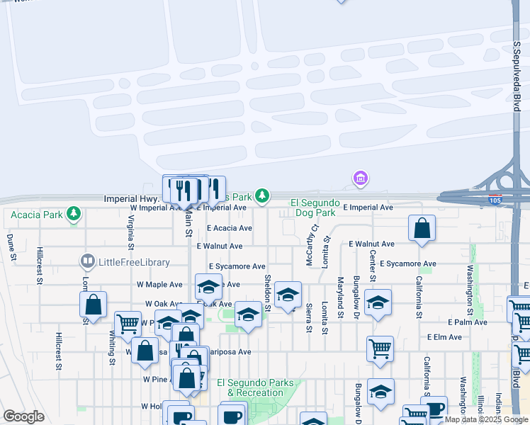 map of restaurants, bars, coffee shops, grocery stores, and more near 933 Sheldon Street in El Segundo
