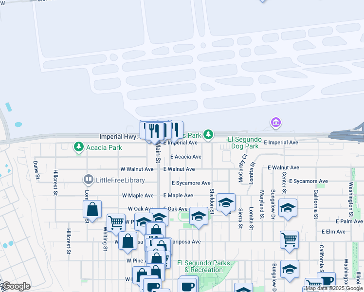 map of restaurants, bars, coffee shops, grocery stores, and more near 209 East Acacia Avenue in El Segundo