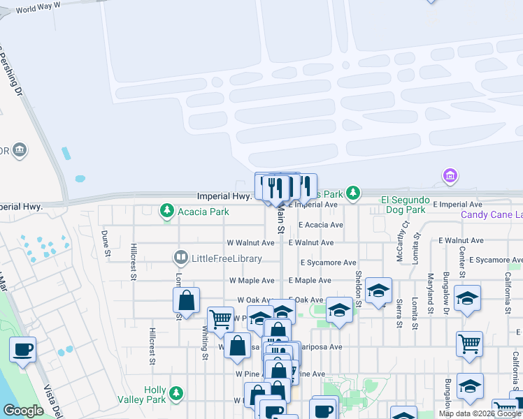 map of restaurants, bars, coffee shops, grocery stores, and more near 209 West Acacia Avenue in El Segundo
