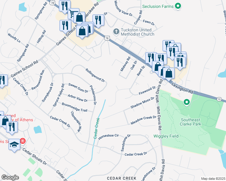 map of restaurants, bars, coffee shops, grocery stores, and more near 253 Reed Street in Athens