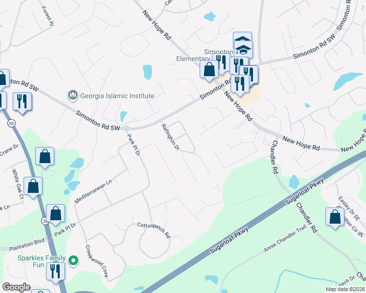 map of restaurants, bars, coffee shops, grocery stores, and more near 1001 Ludwick Way in Lawrenceville