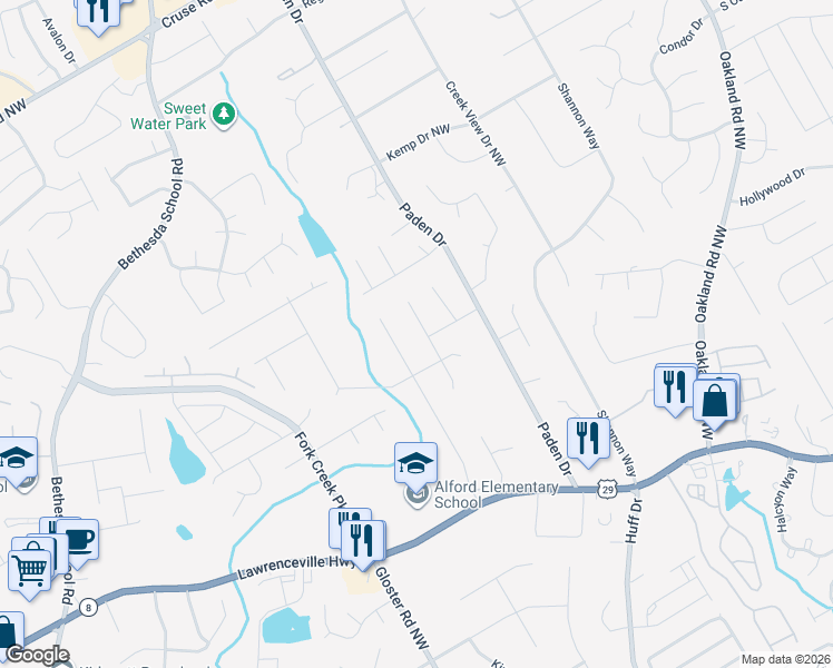 map of restaurants, bars, coffee shops, grocery stores, and more near 480 Padens Chase Court in Lawrenceville