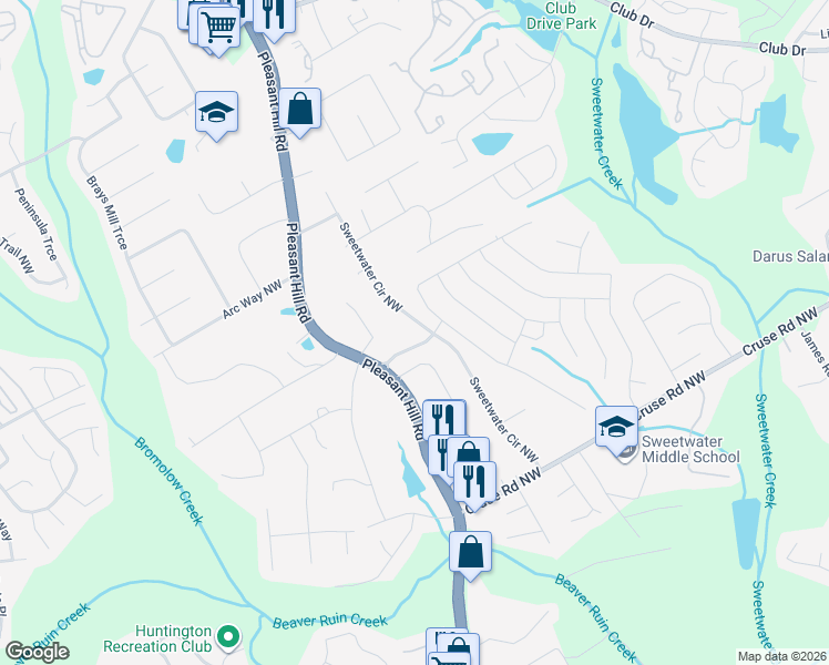 map of restaurants, bars, coffee shops, grocery stores, and more near 1085 Sweetwater Circle Northwest in Lawrenceville