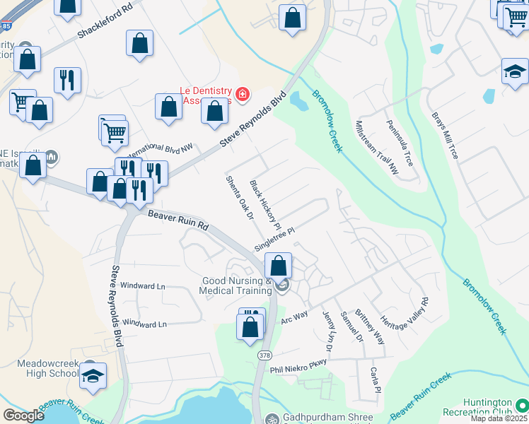 map of restaurants, bars, coffee shops, grocery stores, and more near 1372 Black Hickory Place in Norcross