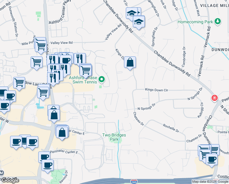 map of restaurants, bars, coffee shops, grocery stores, and more near 4549 Springvale Circle in Dunwoody