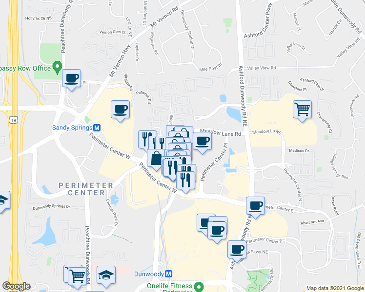 map of restaurants, bars, coffee shops, grocery stores, and more near 4550 Olde Perimeter Way in Dunwoody