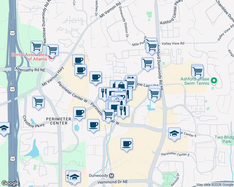map of restaurants, bars, coffee shops, grocery stores, and more near 4550 Olde Perimeter Way in Dunwoody