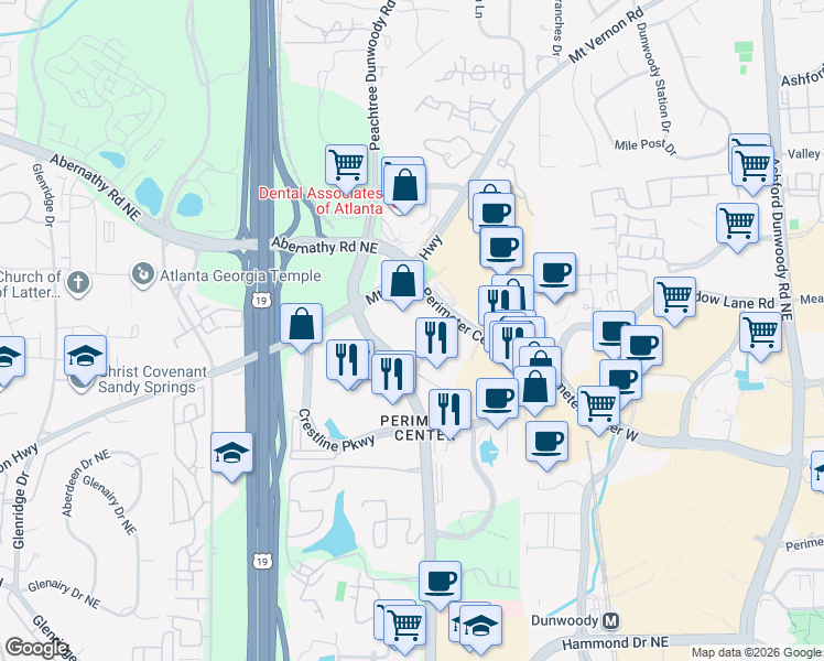 map of restaurants, bars, coffee shops, grocery stores, and more near 1117 Perimeter Center West in Sandy Springs