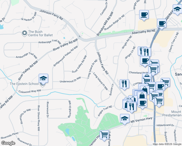 map of restaurants, bars, coffee shops, grocery stores, and more near 6445 Long Island Drive Northeast in Atlanta
