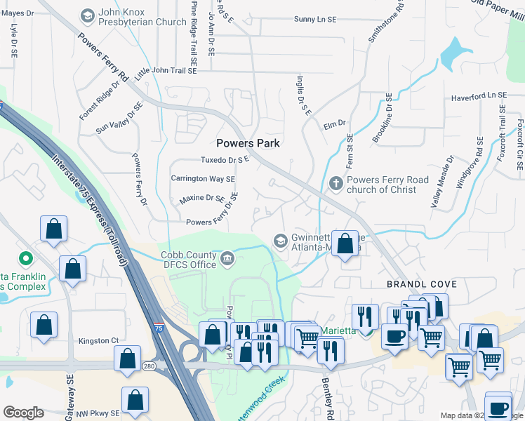 map of restaurants, bars, coffee shops, grocery stores, and more near 2228 Haverhill Court Southeast in Marietta