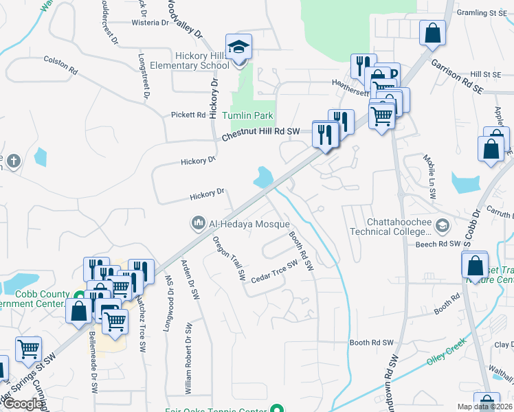 map of restaurants, bars, coffee shops, grocery stores, and more near 175 Booth Road Southwest in Marietta