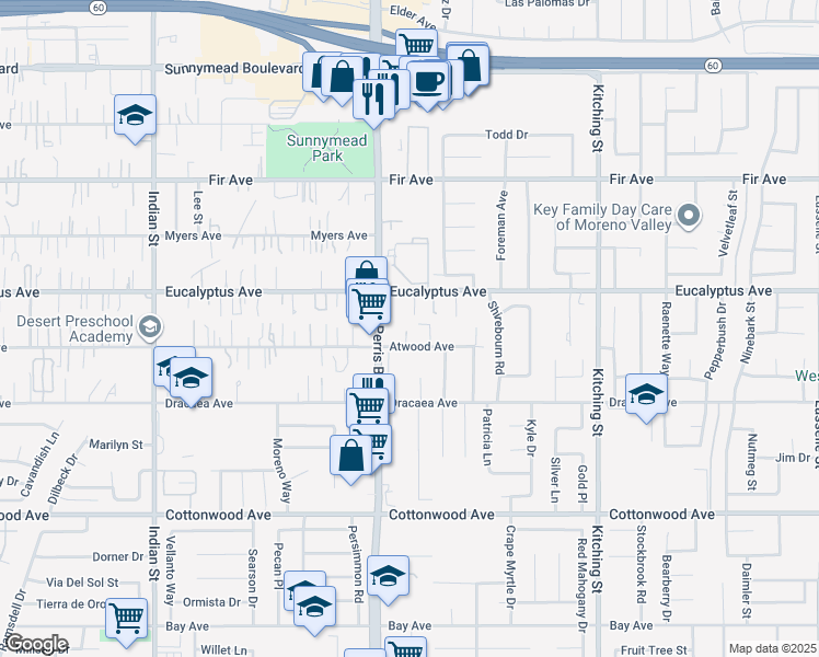 map of restaurants, bars, coffee shops, grocery stores, and more near 25084 Atwood Avenue in Moreno Valley