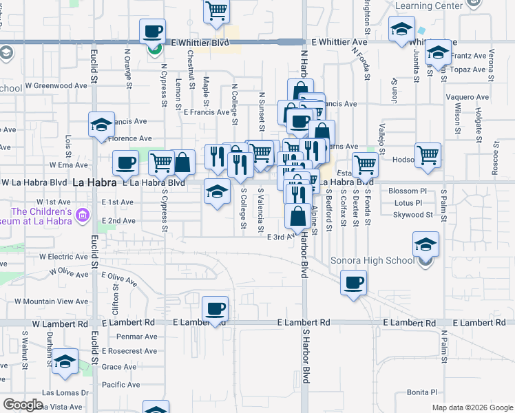 map of restaurants, bars, coffee shops, grocery stores, and more near 301 South Valencia Street in La Habra