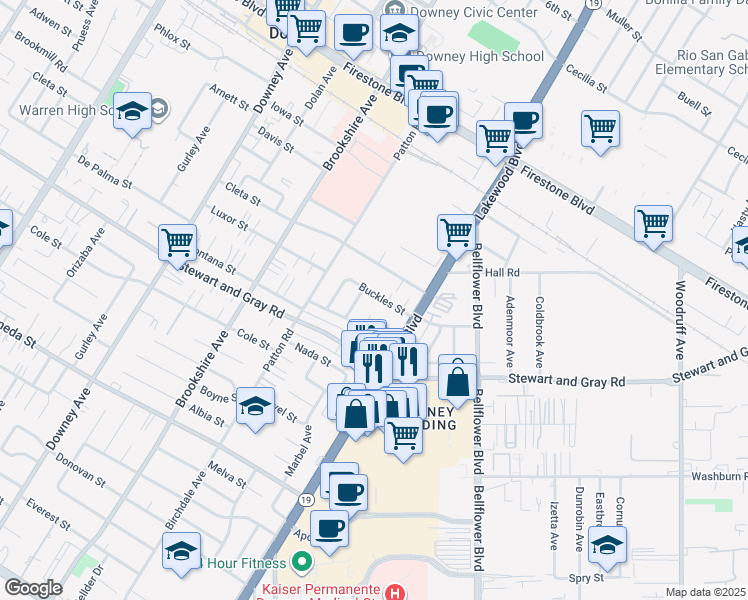 map of restaurants, bars, coffee shops, grocery stores, and more near 8716 Buckles Street in Downey