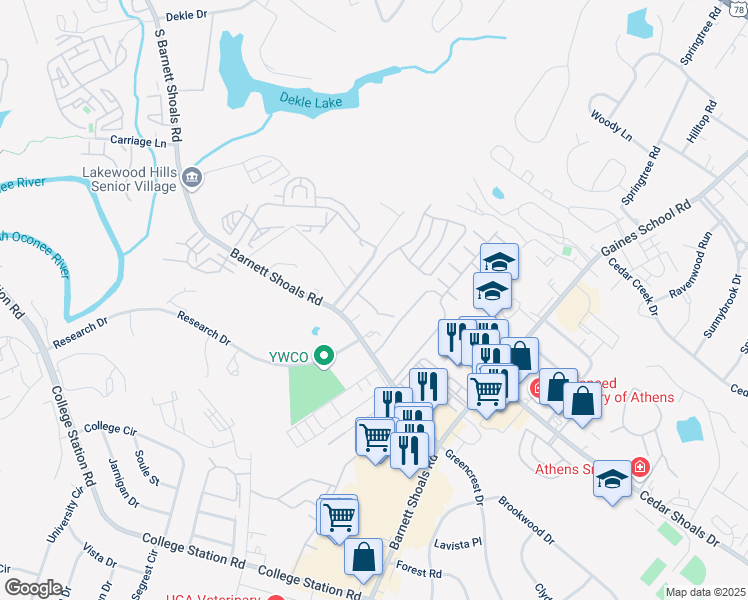 map of restaurants, bars, coffee shops, grocery stores, and more near 60 Woodsong Avenue in Athens
