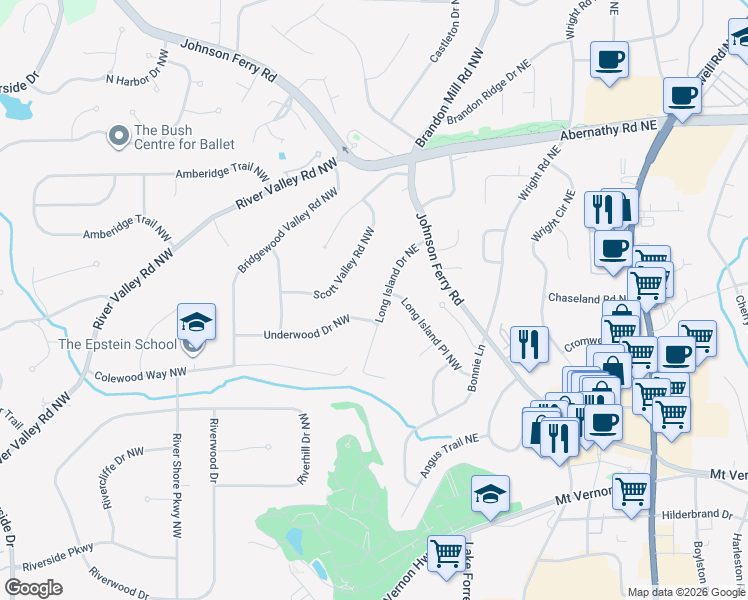 map of restaurants, bars, coffee shops, grocery stores, and more near 6400 Long Island Drive Northeast in Atlanta