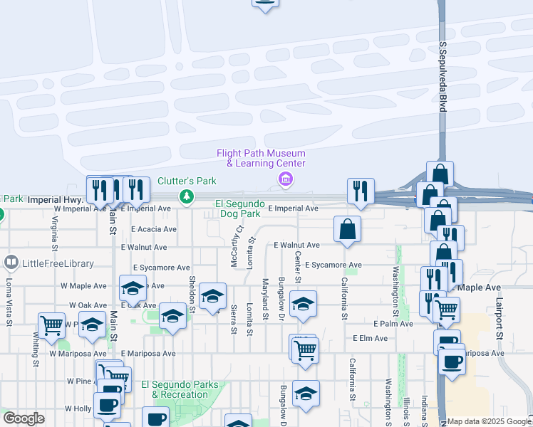 map of restaurants, bars, coffee shops, grocery stores, and more near 1002 East Imperial Avenue in El Segundo
