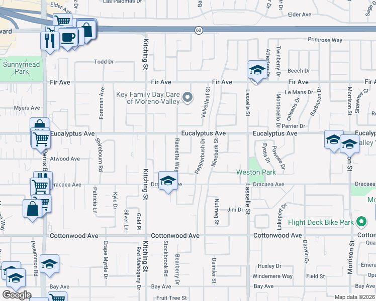 map of restaurants, bars, coffee shops, grocery stores, and more near 13130 Raenette Way in Moreno Valley