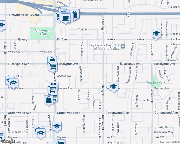 map of restaurants, bars, coffee shops, grocery stores, and more near 13097 Thistle Brook Drive in Moreno Valley