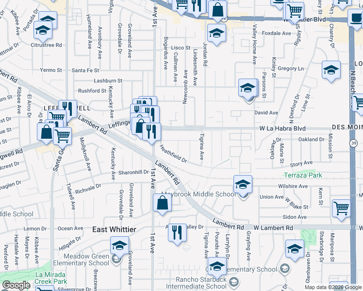 map of restaurants, bars, coffee shops, grocery stores, and more near 11233 Newcomb Avenue in Whittier