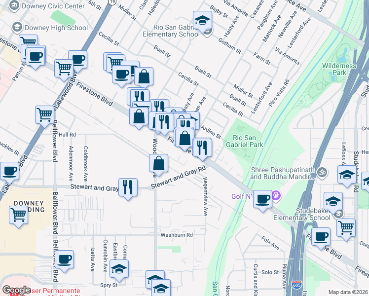 map of restaurants, bars, coffee shops, grocery stores, and more near 11224 Pangborn Avenue in Downey
