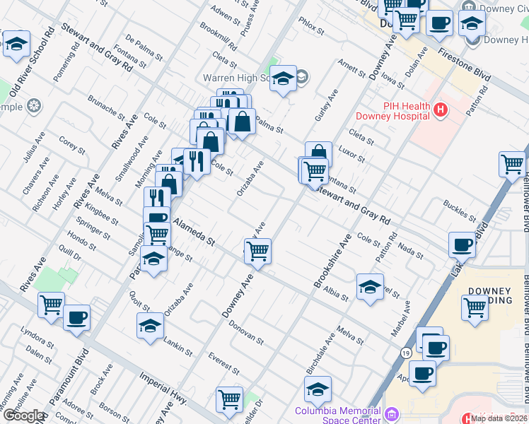 map of restaurants, bars, coffee shops, grocery stores, and more near 12059 Gurley Avenue in Downey