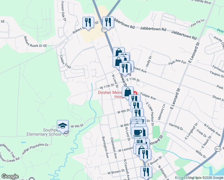 map of restaurants, bars, coffee shops, grocery stores, and more near 1005 North Caswell Avenue in Southport