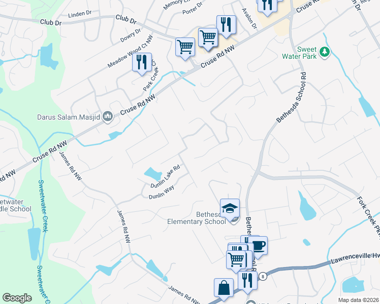 map of restaurants, bars, coffee shops, grocery stores, and more near 775 Dunlin Farms Court in Lawrenceville