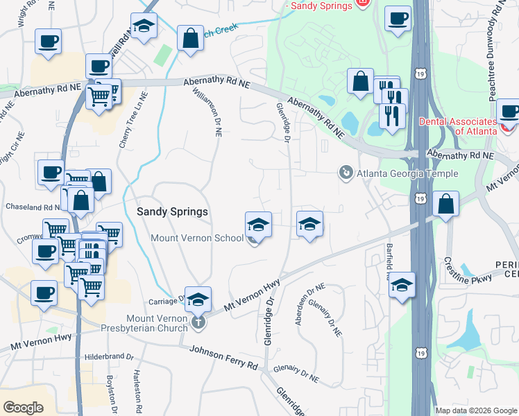 map of restaurants, bars, coffee shops, grocery stores, and more near 6398 Lucent Lane in Sandy Springs