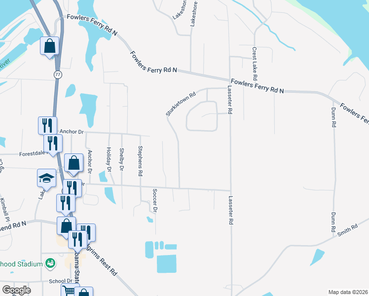 map of restaurants, bars, coffee shops, grocery stores, and more near 1601 Sturkietown Road in Gadsden