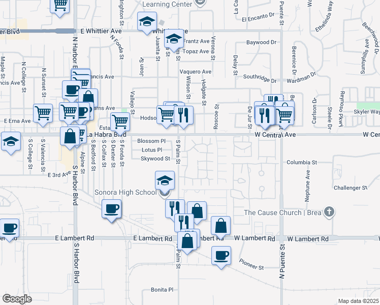 map of restaurants, bars, coffee shops, grocery stores, and more near 692 Archwood Avenue in Brea