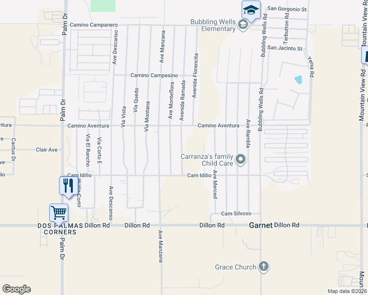 map of restaurants, bars, coffee shops, grocery stores, and more near Avenida Ramada in Desert Hot Springs