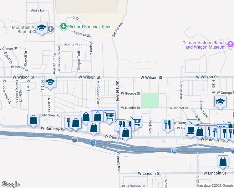 map of restaurants, bars, coffee shops, grocery stores, and more near 501 Sunset Avenue in Banning