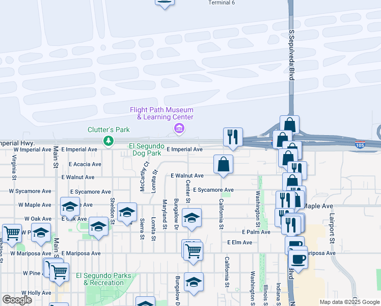 map of restaurants, bars, coffee shops, grocery stores, and more near 1100 East Imperial Avenue in El Segundo