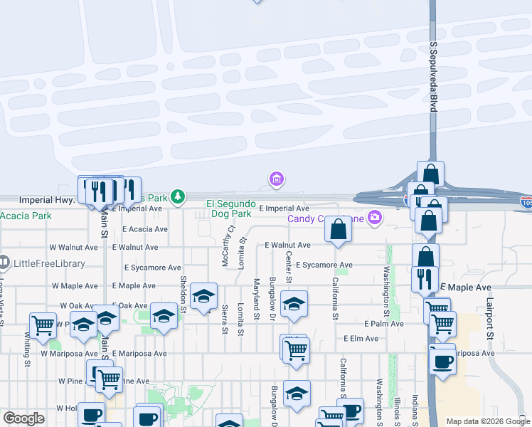 map of restaurants, bars, coffee shops, grocery stores, and more near 1000 Lomita Street in El Segundo