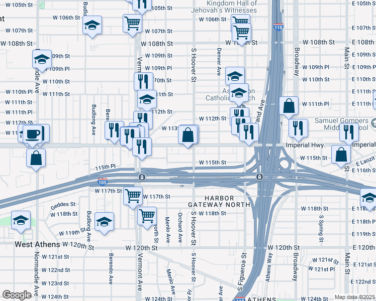 map of restaurants, bars, coffee shops, grocery stores, and more near 11426 South Hoover Street in Los Angeles