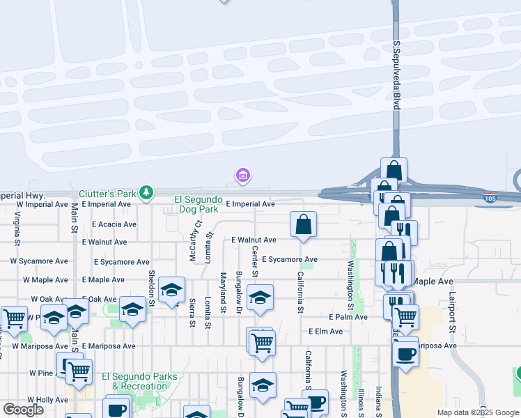 map of restaurants, bars, coffee shops, grocery stores, and more near 1104 East Imperial Avenue in El Segundo