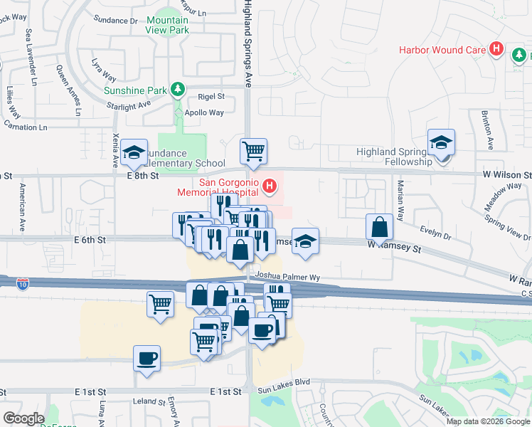 map of restaurants, bars, coffee shops, grocery stores, and more near 264 North Highland Springs Avenue in Banning