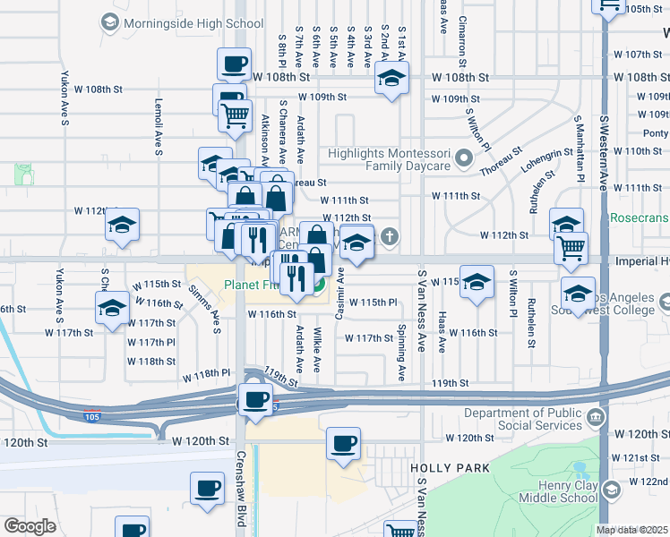 map of restaurants, bars, coffee shops, grocery stores, and more near in Hawthorne