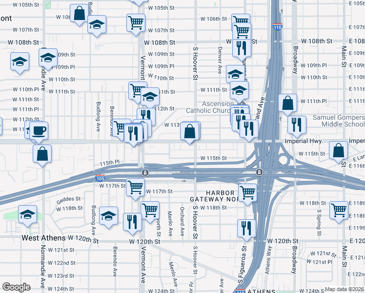 map of restaurants, bars, coffee shops, grocery stores, and more near 732 West Imperial Highway in Los Angeles