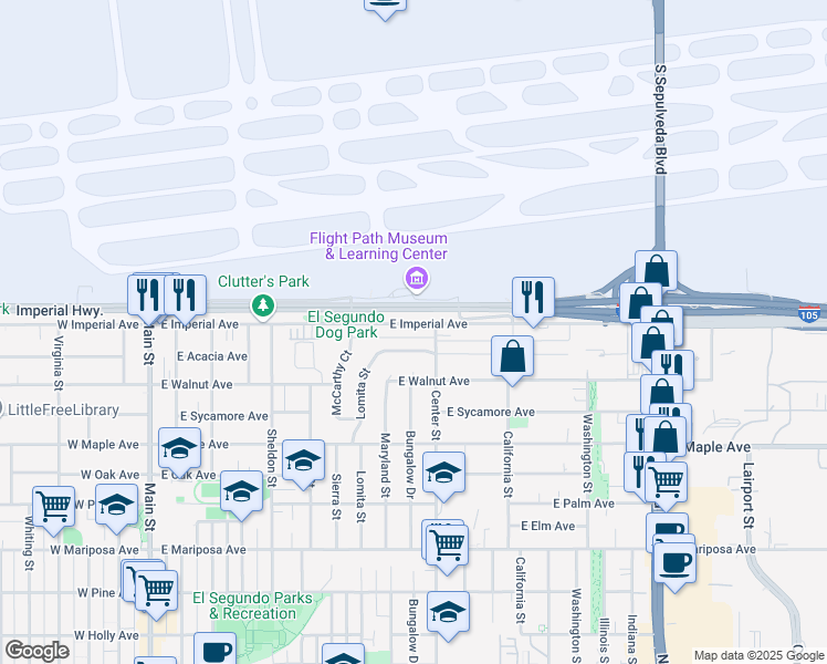 map of restaurants, bars, coffee shops, grocery stores, and more near 1026 East Imperial Avenue in El Segundo