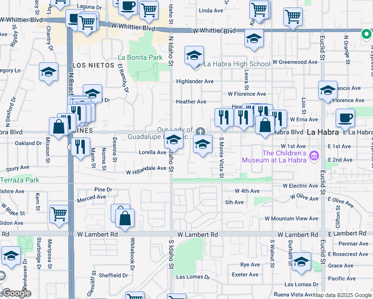 map of restaurants, bars, coffee shops, grocery stores, and more near 230 South Idaho Street in La Habra