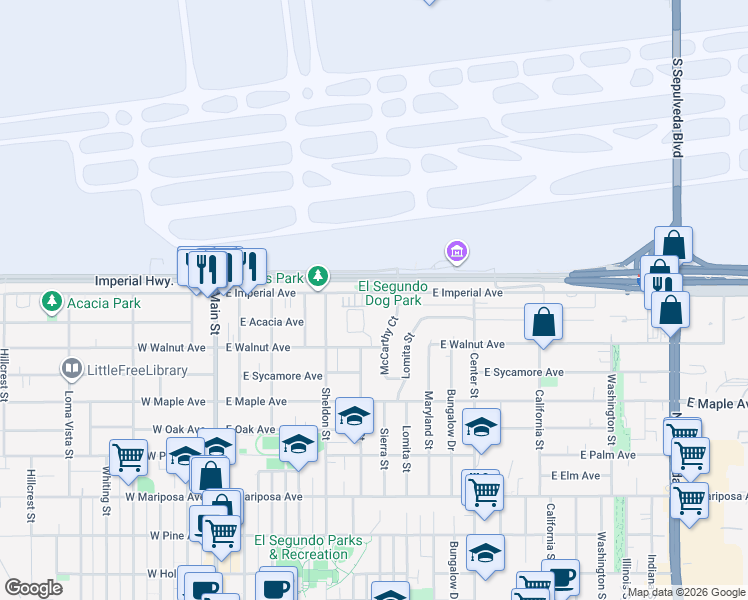 map of restaurants, bars, coffee shops, grocery stores, and more near 620 East Imperial Avenue in El Segundo