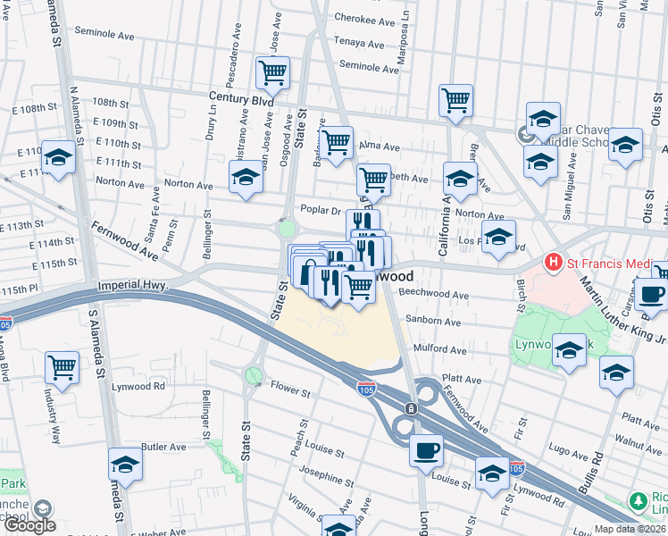 map of restaurants, bars, coffee shops, grocery stores, and more near 3165 Imperial Highway in Lynwood