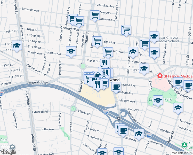 map of restaurants, bars, coffee shops, grocery stores, and more near 3165 East Imperial Highway in Lynwood