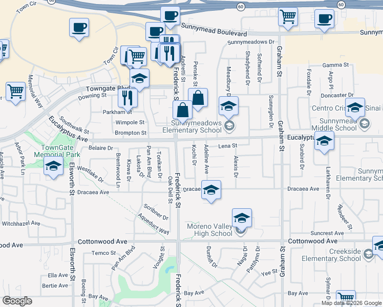 map of restaurants, bars, coffee shops, grocery stores, and more near 13128 Kochi Drive in Moreno Valley