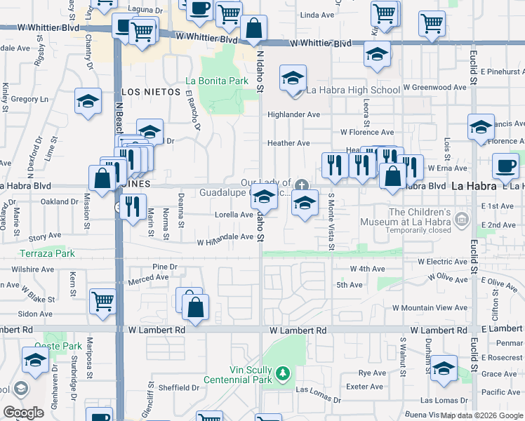 map of restaurants, bars, coffee shops, grocery stores, and more near 230 South Idaho Street in La Habra