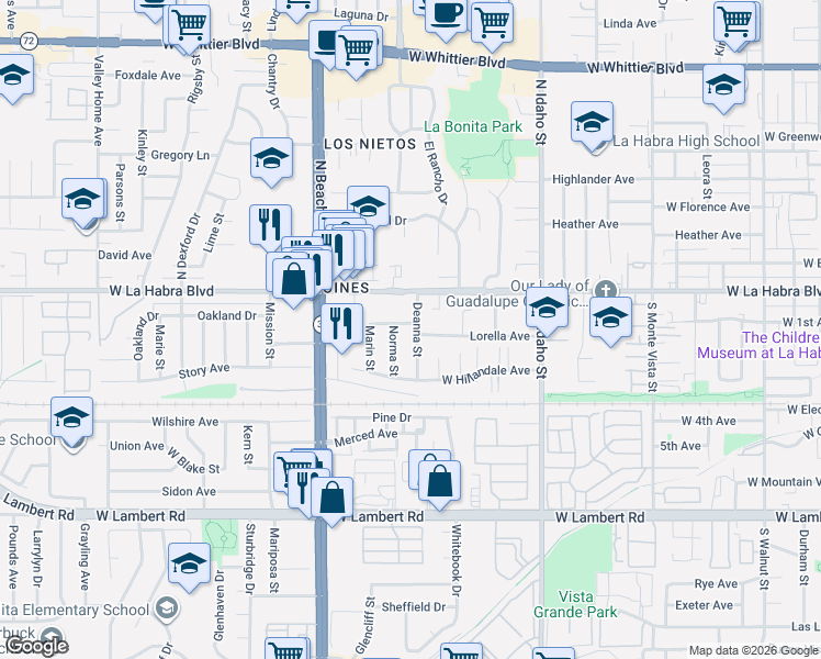 map of restaurants, bars, coffee shops, grocery stores, and more near 301 Deanna Street in La Habra