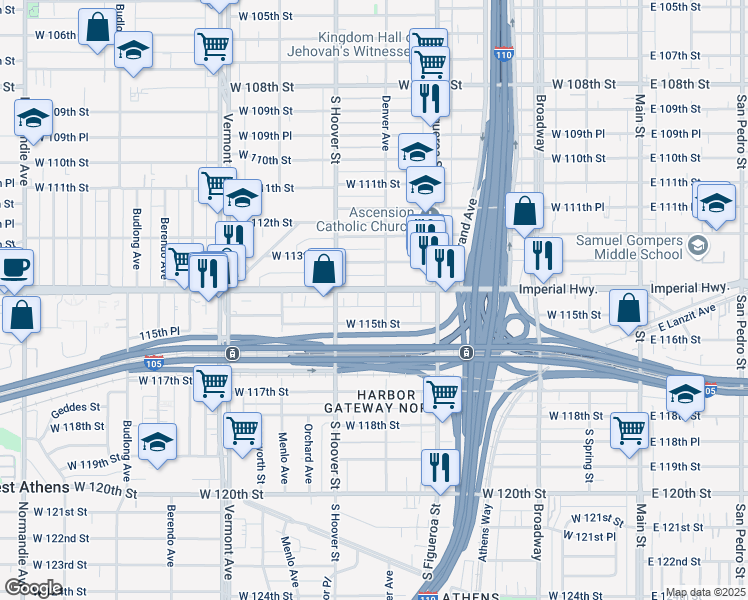 map of restaurants, bars, coffee shops, grocery stores, and more near 617 West 115th Street in Los Angeles